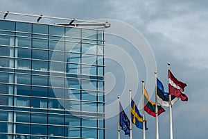 Close-up of a facade of a swedbank building in Riga photo