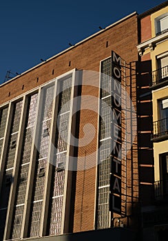 Close-up of the facade of the Teatro Monumental concert hall in Atocha street, Madrid, Spain