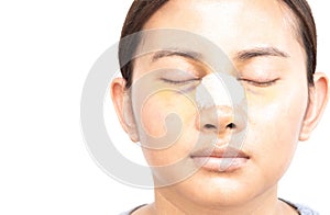 Close up face of asian woman with nose plastic surgery for beauty and cosmetic conept, white background