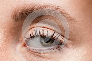 Close up of face of beautiful caucasian young woman, focus on eyes