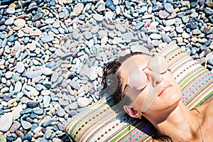 Close up face of caucasian woman on pillow