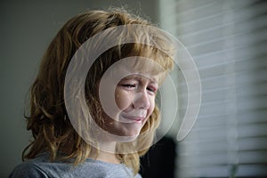 Close up Face of Crying Kid Boy. Sad Child with Tears at Home.