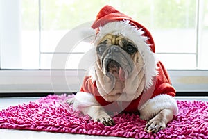 Close-up face of a cute lying pug puppy dog in Christmas hat. Pug wearing xmas costume sleeping rest on the floor in holiday lazy