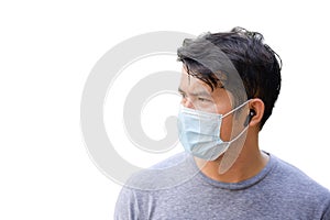 close-up face focus handsome asian boy People who sweat from morning exercise and wear a mask. - white background