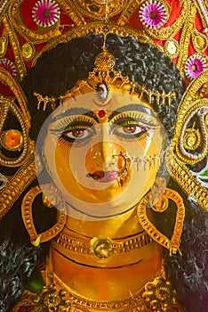 A close up face of Goddess Maa Durga Idol. A symbol of strength and power as per Hinduism. This portrait was taken during Durga
