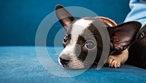 Close up face of little dog, Chihuahua, lay down with his owner,look cutes and lovely photo