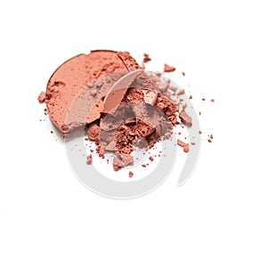 close up of face powder crushed pink eyeshadow as sample of cosmetics product isolated on white background