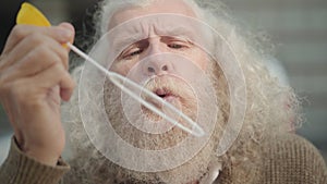 Close-up face of senior man with long grey hair and beard blowing soap bubbles outdoors. Portrait of positive carefree
