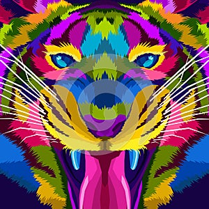 Close up face tiger pop art portrait premium vector