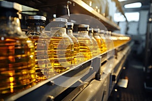 Close up of factory equipment Conveyor line filling bottles with sunflower and vegetable oil