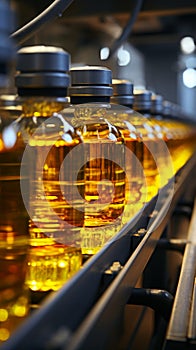 Close up of factory equipment Conveyor line filling bottles with sunflower and vegetable oil