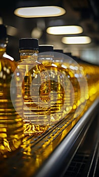 Close up of factory equipment Conveyor line filling bottles with sunflower and vegetable oil