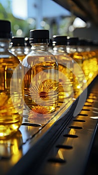 Close up of factory equipment Conveyor line filling bottles with sunflower and vegetable oil