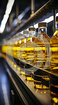 Close up of factory equipment Conveyor line filling bottles with sunflower and vegetable oil