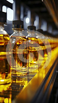 Close up of factory equipment Conveyor line filling bottles with sunflower and vegetable oil