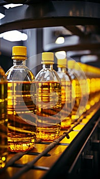 Close up of factory equipment Conveyor line filling bottles with sunflower and vegetable oil