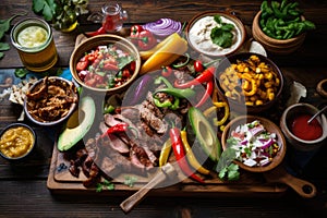 Close-up of a fajita feast with a variety of colorful toppings and condiments on a rustic wooden board