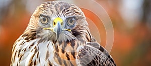 Close up of a Falconidae bird with a yellow beak staring at the camera