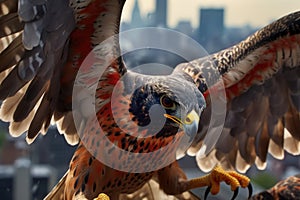 close-up of falcons talons as it catches a pigeon