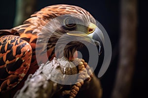 close-up of a falcons talons gripping onto a branch