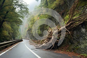 close-up of a fallen tree obstructing a mountain road