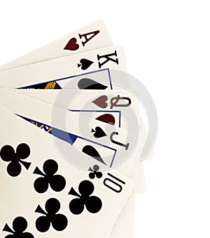 Close up of falling playing cards poker game on white background.