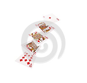 Close up of falling playing cards. Royal flush