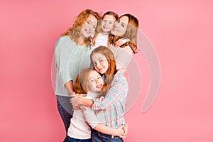 Close up family girlish gift photo set foxy little girls mom granny stand close tight toothy smile glad weekend spend