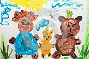 Close up. A family of three bears on a walk. Children`s drawing paints. Creative activities with children 4-5 years old on the