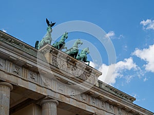 Close-up of the famous Brandenburg Gate in Berlin.