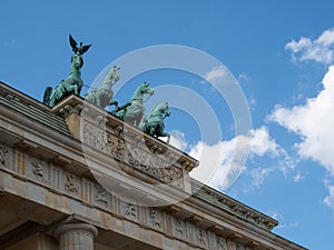 Close-up of the famous Brandenburg Gate in Berlin.