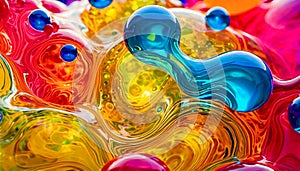 Close-up fancy shaped bubbles and drops, bright colorful liquid abstract background