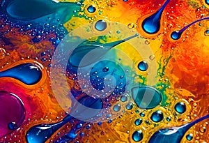 Close-up fancy shaped bubbles and drops, bright colorful liquid abstract background