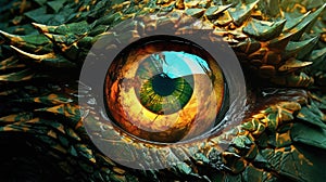 Close-up of fantasy dragon eye. Mythological evil. Dangerous creature.