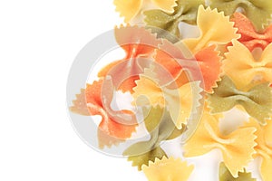 Close up of the farfalle pasta three colors.
