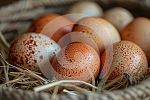 Close up of farm fresh brown eggs in a straw lined basket showcasing natural textures and variations