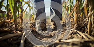 Close-Up Of Farmer Dusty Boots On Cornfield Soil. Organic Agriculture And Farming. Generative AI