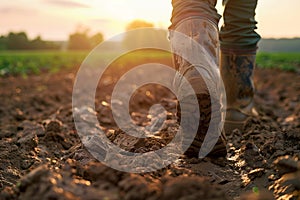 Close up of a farmer's boot walking on a muddy field.