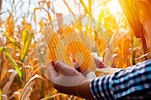 Close-up of the farmer's hands holding corn amid the dry cornfield portrays the harmony between human toil and nature