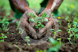 Close-up of a farmer's hands planting a green sprout photo