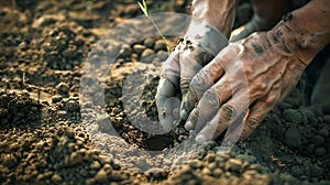 Close-up of a farmer\'s hands planting potatoes in the soil