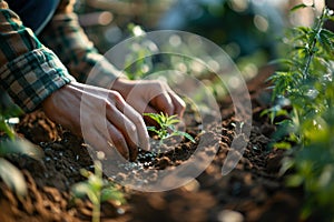 Close-up of farmer& x27;s hands planting hemp seeds in fertile soil among rows of young sprouted marijuana shoots in a