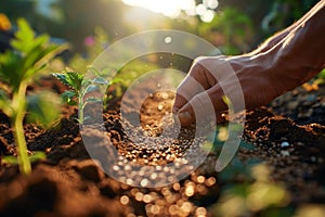 Close-up of farmer& x27;s hands planting hemp seeds in fertile soil among rows of young sprouted marijuana shoots in a