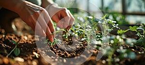 Close-up of farmer& x27;s hands planting hemp seeds in fertile soil among rows of young sprouted marijuana shoots in a