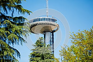 Close-up of a Faro de Moncloa transmission tower in Madrid photo