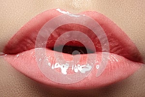 Close-up of fashion lips makeup in sweet kiss