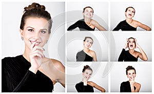 Close-up fashion photo young lady in elegant black dress, playful woman expresses different emotions