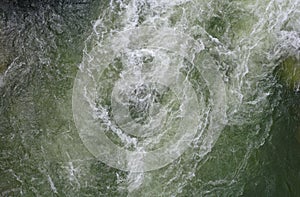 Close up of fast flowing water showing the white foam in the dangerous currents