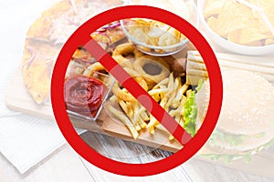 Close up of fast food snacks behind no symbol