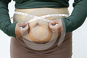 Close-up of fat woman on white background. Concept for obesity issue, diet of food for health